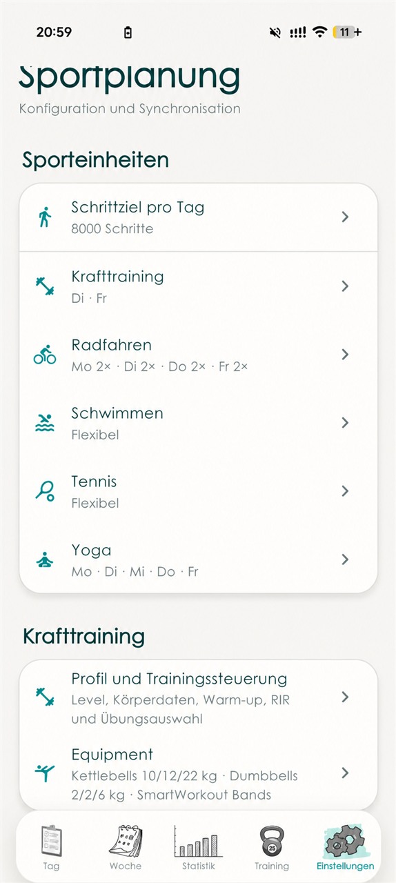 Deine FYFE-Sportplanung mit Wochenplan und Krafttrainingseinstellungen